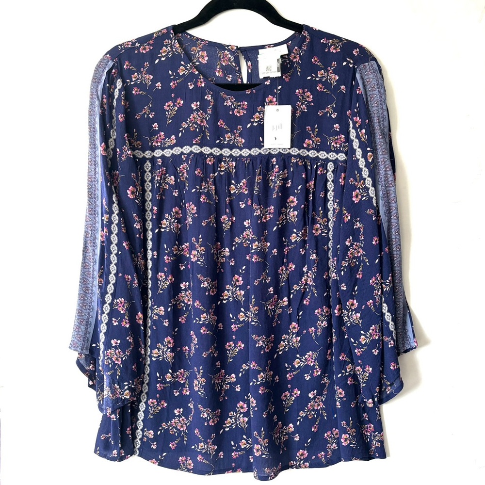 J Jill Calico Floral Print Flowy 3/4 Sleeves Top Blouse in Blue Size Medium